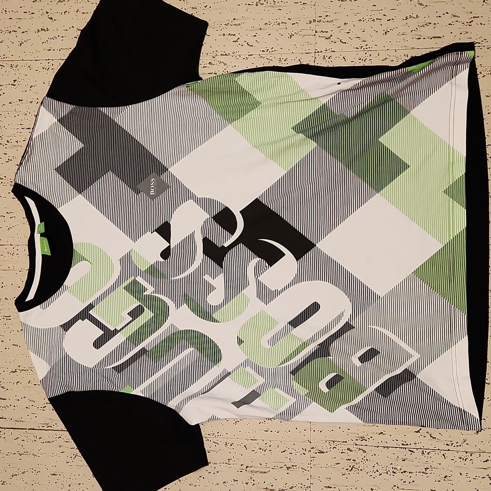 Hugo Boss Abstract Graphic Spellout Crewneck T-Shirt Black, White & Green